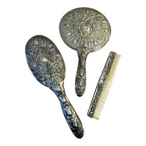 Vintage Silver-Plate Vanity Set With Comb, Brush and Mirror - 3 Piece Set