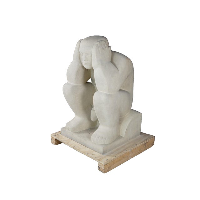 Abstract Late 20th Century Monumental Limestone Nude Fertility Thinking Man 1000lb Garden Sculpture Statue For Sale - Image 3 of 14
