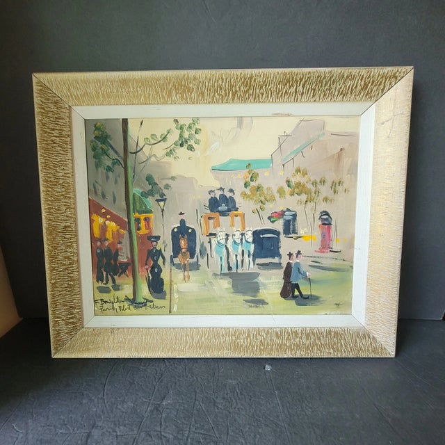 Paint Vintage Mid Century Modern French Cityscape Oil Painting on Board Framed Signed For Sale - Image 7 of 9