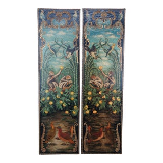 Late 20th Century Maitland Smith Hand Painted Monkey Landscape Crackled Coromandel Wall Panel - Set of 2 For Sale