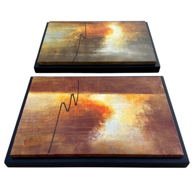 Wood Late 20th Century Pair of Red & Gold Abstract Paintings For Sale - Image 7 of 18