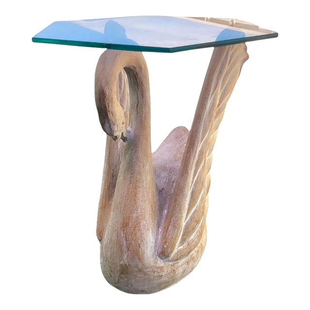 Vintage Ceramic Sculpted Swan Form Regency Glass Top Side Table For Sale