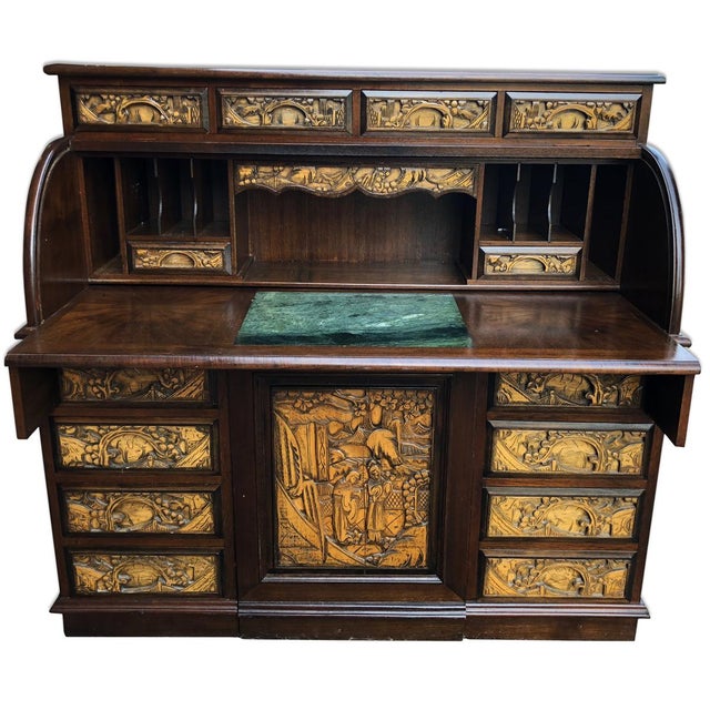 Asian Japanese Export Carved Rolltop Secretary Desk W Chair Chairish