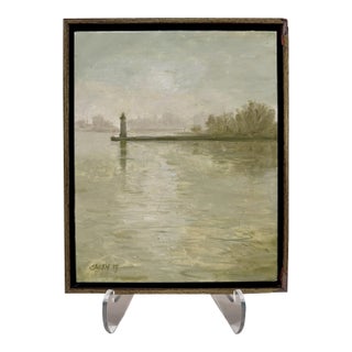 Signed Lighthouse Seascape Framed Oil Painting For Sale