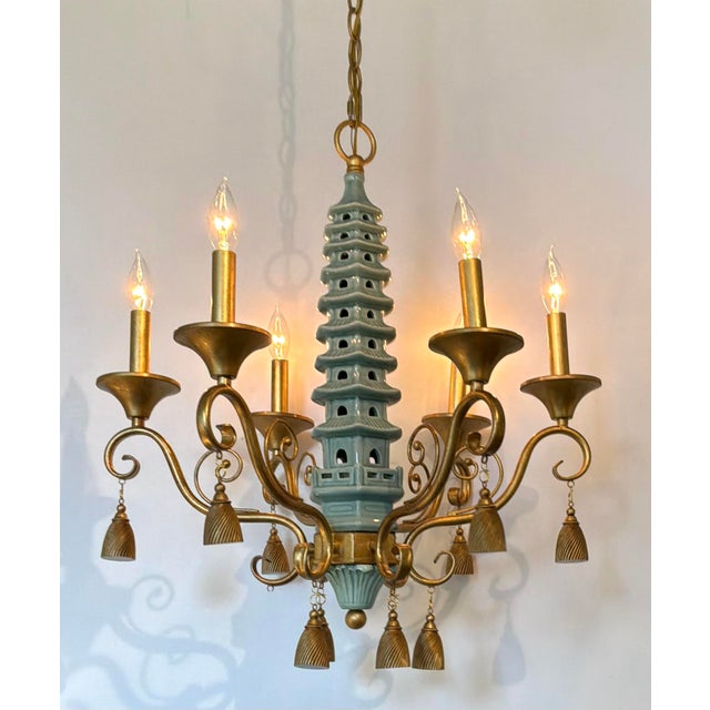 Original retail $1635, stylish Port 68 Celadon Ceramic Pagoda Chandelier, gold frame and accents, showroom floor sample