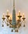 Original retail $1635, stylish Port 68 Celadon Ceramic Pagoda Chandelier, gold frame and accents, showroom floor sample