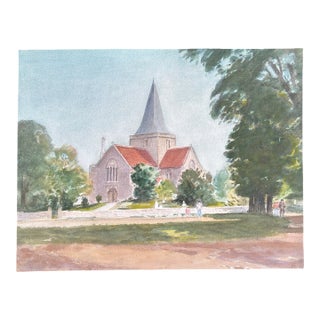 1960s Watercolor; Harold Latham; St. Andrew’s Church, Alfriston, East Sussex, For Sale