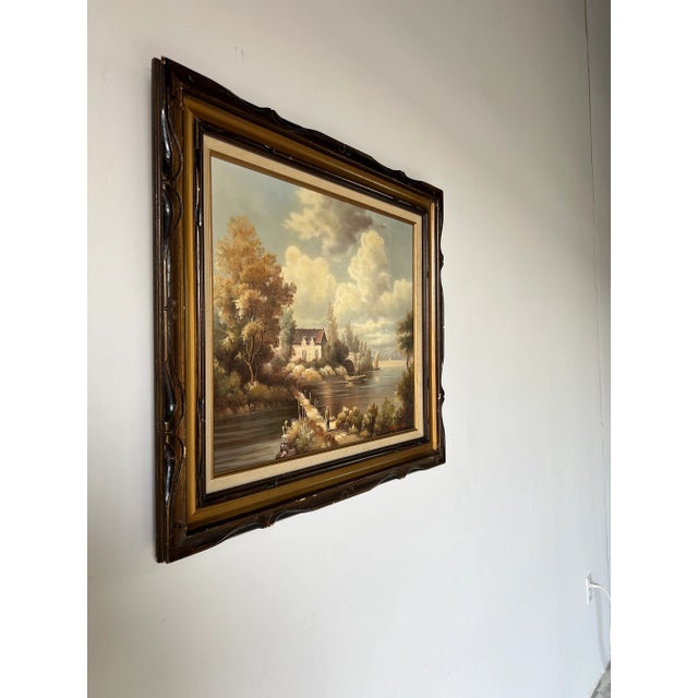 Beautiful English cottage oil painting on canvas signed lower right side by G. Closson. C,1960's . Featuring a soothing...