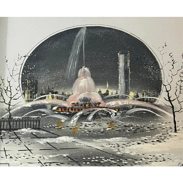 Mid-Century Modern Vintage Signed Oropeza Buckingham Fountain Chicago Cityscape Painting For Sale - Image 3 of 7