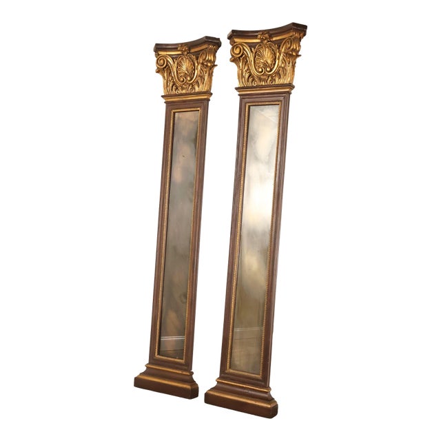 Pair Of Decorative Mirrored Wall Columns With Gilt Carved Capitals By Francisco Hurtado For Sale