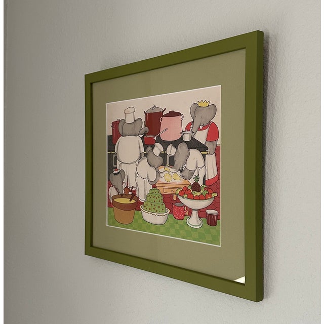 This original 1930s Babar print is hand-colored and extremely collectible. It depicts Babar cooking in the kitchen with...