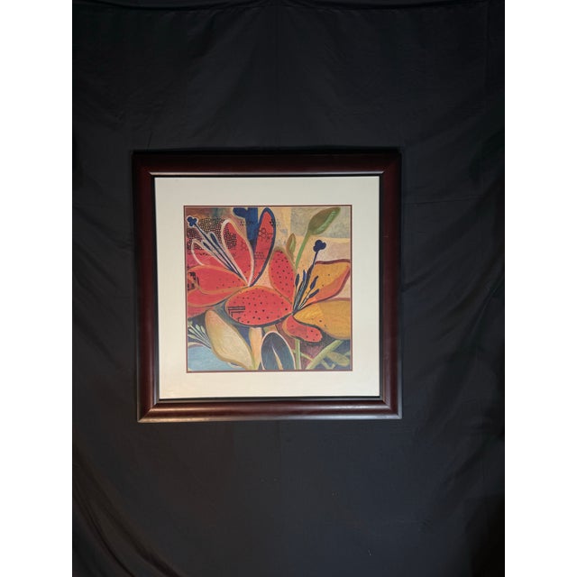 Large Framed Colorful Floral Abstract Wall Art For Sale - Image 4 of 9