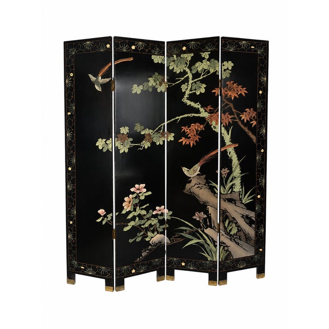 1960s Asian Coromandel-Style Black Lacquer Double-Sided Four-Panel Folding Screen For Sale - Image 16 of 17