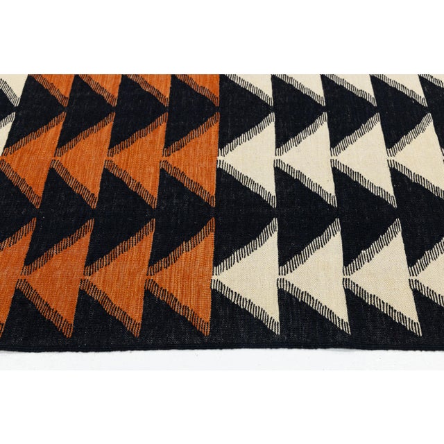 Native American Modern Navajo Style Geometric Wool Rug Handmade Terracotta & Charcoal Flatweave For Sale - Image 3 of 11