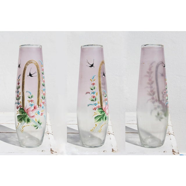 1920s Art Deco German Bavaria Hand Painted Glass Vase Depicting Swallows Birds and Flowers Circa: 1920. Origin: Germany....