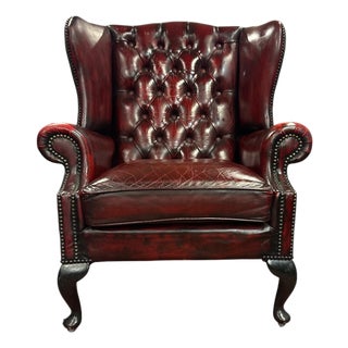 English Chesterfield Wingback Armchair in Dark Red Leather For Sale