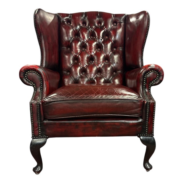 English Chesterfield Wingback Armchair in Dark Red Leather For Sale