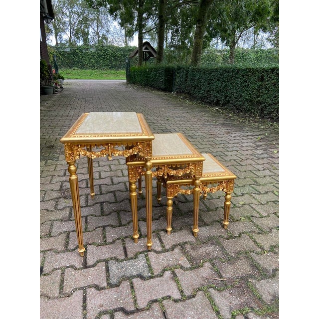 Late 20c French Louis XVI Gold Beech Marble Nesting Tables - 3 PCS For Sale - Image 18 of 18
