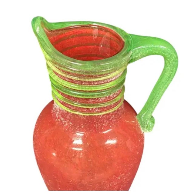 Vintage Murano Art Glass Pitcher, Scavo-Style, Coral-Red & Green For Sale In Tampa - Image 6 of 9