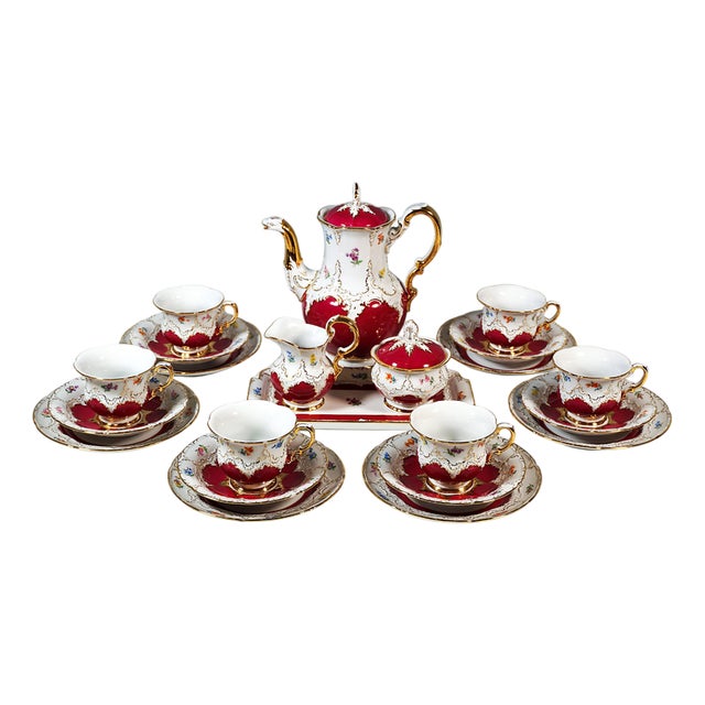 Meissen B-Shape Coffee Service for 6 with Purple, Gilt and Flower Decor, 20th Century, Set of 22 For Sale