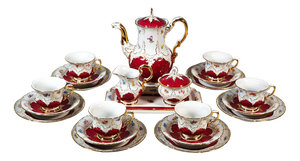 Meissen B-Shape Coffee Service for 6 with Purple, Gilt and Flower Decor, 20th Century, Set of 22