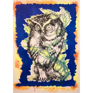 Jean Lurçat, Vintage French Modernist Jean Lurcat Watercolor Painting Mod Blue and Orange Owl, c.1950's For Sale