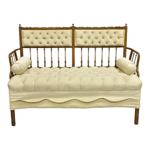 Mid 20th Century Vintage French Country Style Carved Wood Spindle Upholstered Settee Sofa