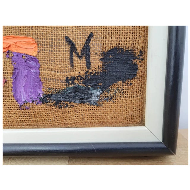 MCM Vintage Colorful Abstract Expressionist Oil Painting on Burlap, Signed Mason and Framed For Sale In New York - Image 6 of 8