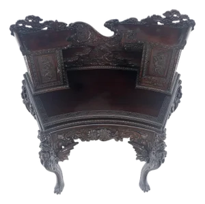 Very Fine Heavily Carved Solid Mahogany Japanese Curved Desk Multiple Drawers
