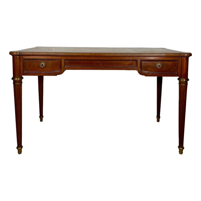 Elegant Early 20th Century Writing Desk With Brass Details and Three Drawers For Sale