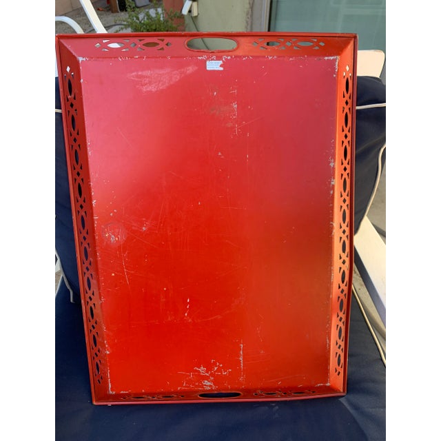 Vintage Red Hand Painted Chinoiserie Tole Tray For Sale - Image 4 of 12