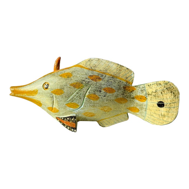 Mid 20th Century Hand Painted Blue and Gold Brushed Wood Triggerfish Decoy For Sale