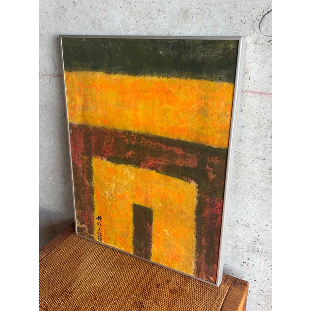 A striking example of postwar Japanese abstraction, this vintage silk painting presents a meditative composition of...