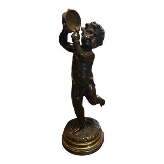 Antique Victorian Clodion 14.5" Figural Bronze Statue Sculpture Musician Playing a Tambourine For Sale