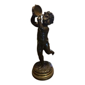 Antique Victorian Clodion 14.5" Figural Bronze Statue Sculpture Musician Playing a Tambourine