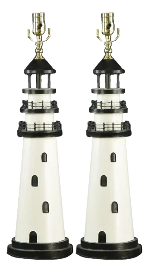Pair of Vintage Black and White Buxton Lighthouse Nautical Table Lamps by Brunschwig & Fils