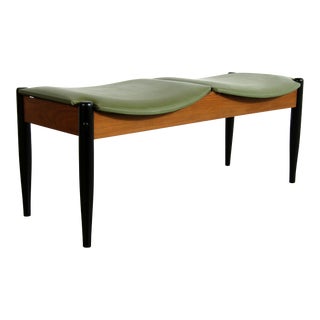 Vintage Mid Century Modern John Stuart Two Seat Bench With Moss Green Vinyl and Ebonized Legs For Sale