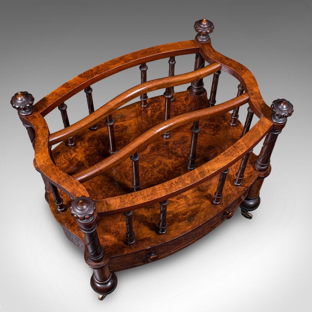 Wood Antique Canterbury Stand, English, Burr Walnut, Newspaper, Magazine, Regency For Sale - Image 7 of 10