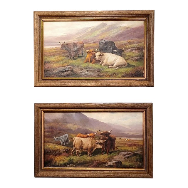 Pair of 19c Oils on Canvas of Highland Cattle by John W Morris For Sale