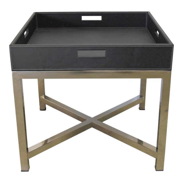 Square Italian Leather and Chrome Tray Table For Sale