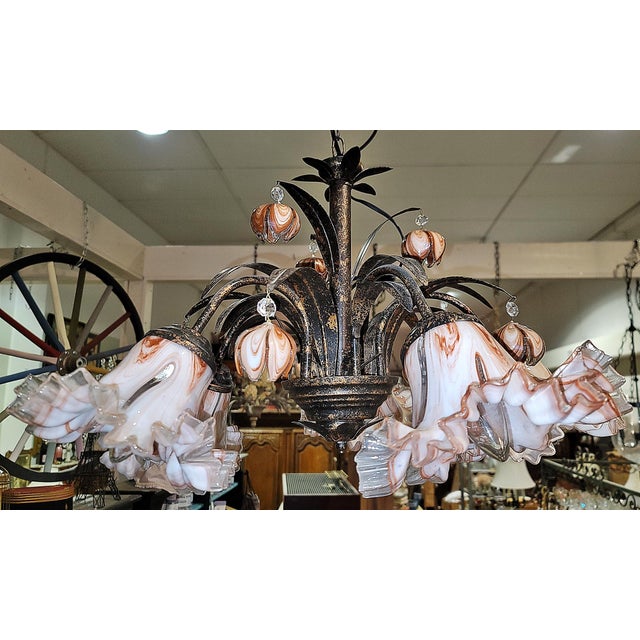 Metal Venetian Italian Metal and Blown Glass Floral Chandelier For Sale - Image 7 of 15