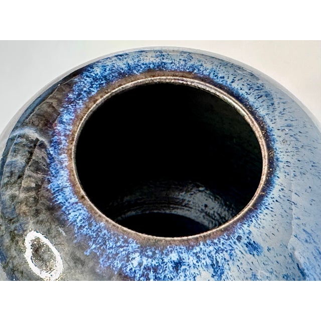 Studio Ceramic Spherical Vase with Blue Flowing Glaze, Germany, 1970s For Sale - Image 9 of 15