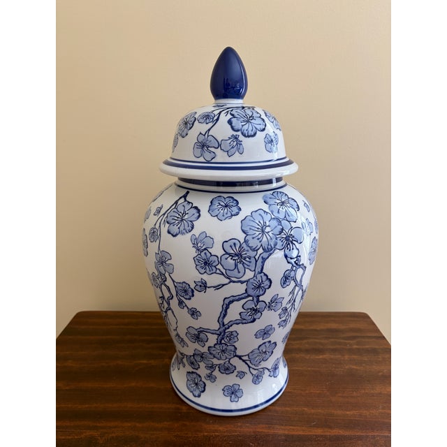 Early 21st Century Chinoiserie Large Blue and White Porcelain Ginger Jar For Sale - Image 5 of 7