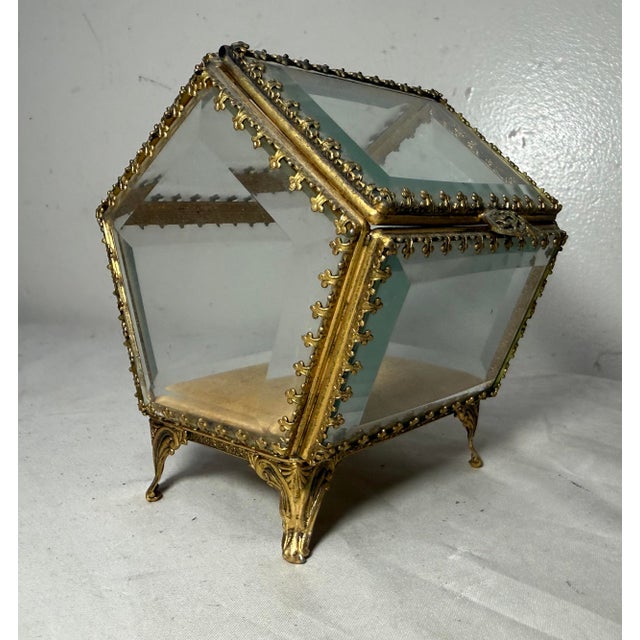 Antique Gold Gilded Brass Beveled Glass Velour Jewelry Casket Jar Box Display For Sale - Image 4 of 12