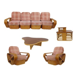 Vintage Paul Frankl Style Six Strand Rattan Bamboo Coastal MCM 8-Piece Living Room Patio Lanai Set For Sale
