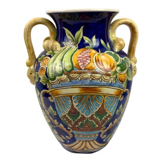 Late 20th Century Italian Majolica Amphora Vase – Hand-Painted Cobalt Blue Glazed Ceramic With Fruit Motif For Sale