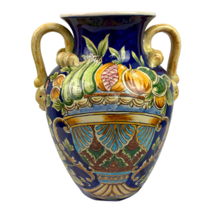 Late 20th Century Italian Majolica Amphora Vase – Hand-Painted Cobalt Blue Glazed Ceramic With Fruit Motif