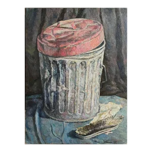 Vintage Outsider Art Still Life With Trash Can and Brush by Anthony Ferrera, Signed (1952, Oil on Board)/Lucien Freud
