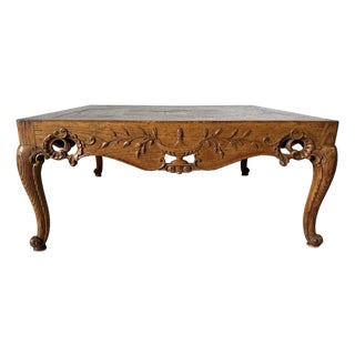 1960s French Provincial Louis XV–Style Hollywood Regency Carved Oak Parquetry Coffee Table For Sale