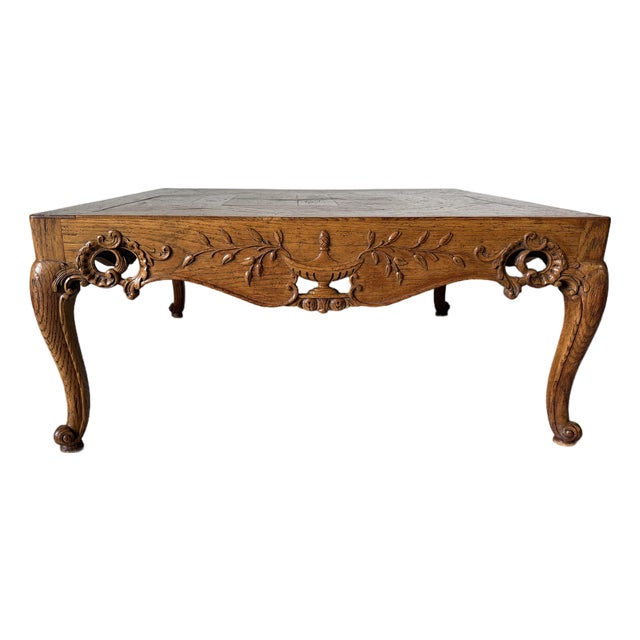 1960s French Provincial Louis XV–Style Hollywood Regency Carved Oak Parquetry Coffee Table For Sale